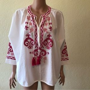 Chico’s Women’s Size 1(8-10) Embroidered White/Pink Blouse Tie Neck Casual Shirt